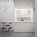 Minimalistiska balta virtuve ar ambiente light mākslīgo akmens virsmu