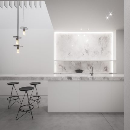 Minimalistiska balta virtuve ar ambiente light mākslīgo akmens virsmu