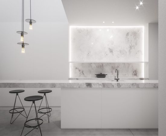 Minimalistiska balta virtuve ar ambiente light mākslīgo akmens virsmu