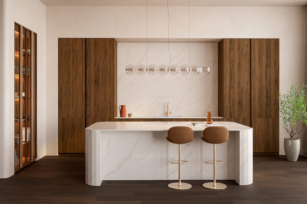 Technistone Calacatta aurelia virtuvē